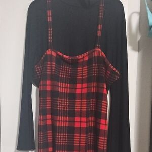 Red and Black Plaid Dress with Black Long Sleeve Top Plus Size
